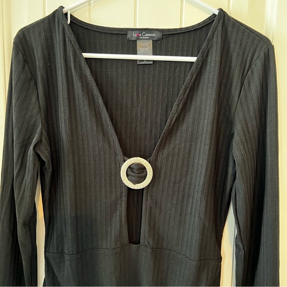 Love Cameron Black Long Sleeve Deep V-Neck Embellished Bodysuit Snap Chic comfy - Picture 4 of 11